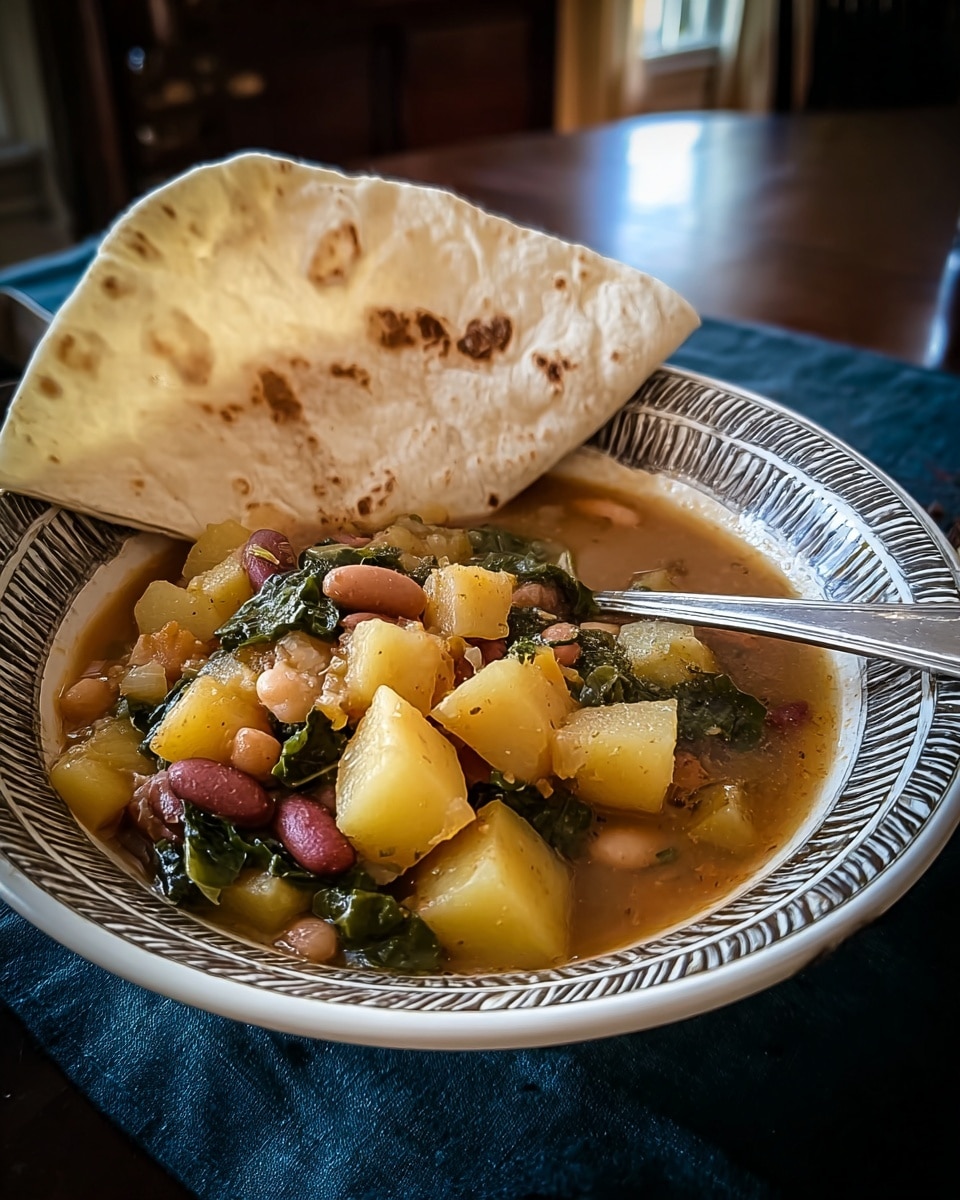 A close-up view of a white bowl with a brown decorative rim, filled with a thick soup made of light brown broth, light yellow potato cubes, small beige and reddish-brown beans, and dark green leafy vegetables. The soup is topped with a large piece of folded flatbread that rests against the inside edge of the bowl. A silver spoon is placed inside the bowl on the right side. The bowl is set against a white marbled surface and a blurry background. photo taken with an iphone --ar 4:5 --v 7