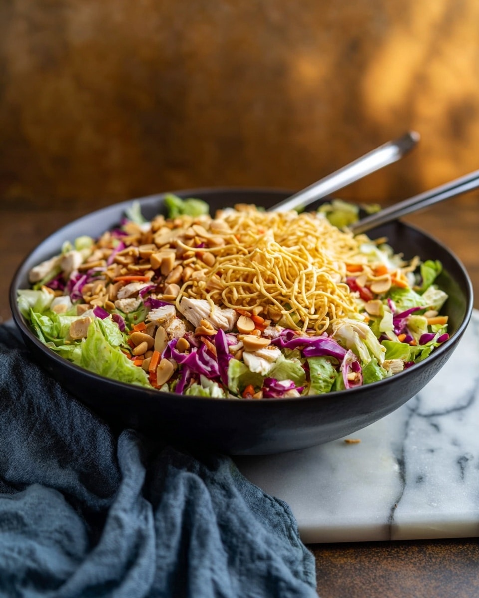 A large white bowl filled with a colorful salad on a white marbled surface, layered with chopped green lettuce at the bottom, thin strips of orange carrot and purple cabbage spread evenly on top, shredded pale brown chicken mixed throughout, and a generous topping of light golden crispy tortilla strips, whole pale cashews, and thinly sliced white almonds scattered across the salad for texture. Two silver forks rest inside the bowl on the left side. photo taken with an iphone --ar 4:5 --v 7
