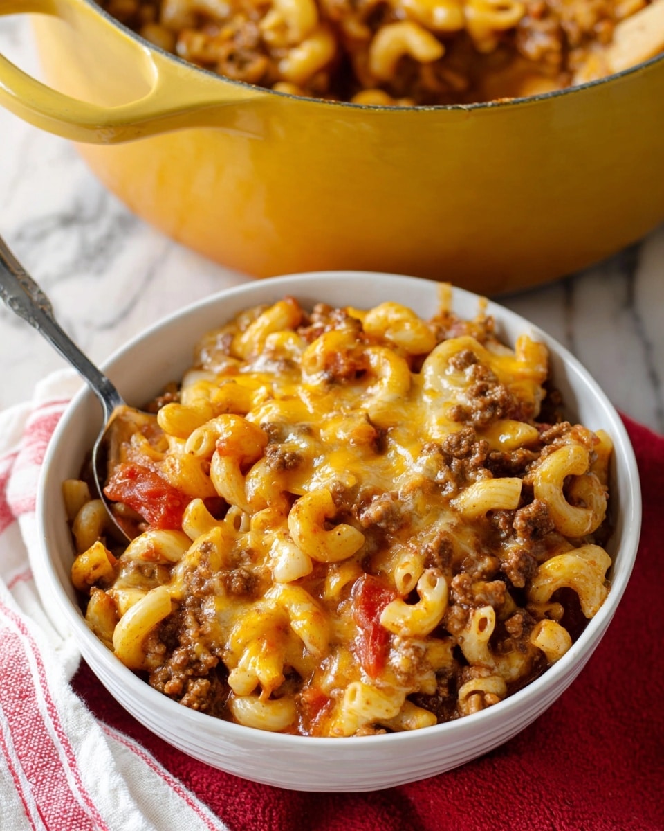 The image shows a white bowl filled with a layered pasta dish on a white marbled surface with a red cloth underneath. The bottom layer is elbow macaroni pasta in light yellow color, mixed with cooked ground beef that is dark brown, and chunks of tomato in red. The top layer has melted cheese in a golden yellow shade that looks creamy and slightly oily. A spoon is placed inside the bowl on the left side. Behind the bowl, there is a yellow cooking pot with more of the same dish visible inside, sitting on a white cloth with red stripes. photo taken with an iphone --ar 4:5 --v 7