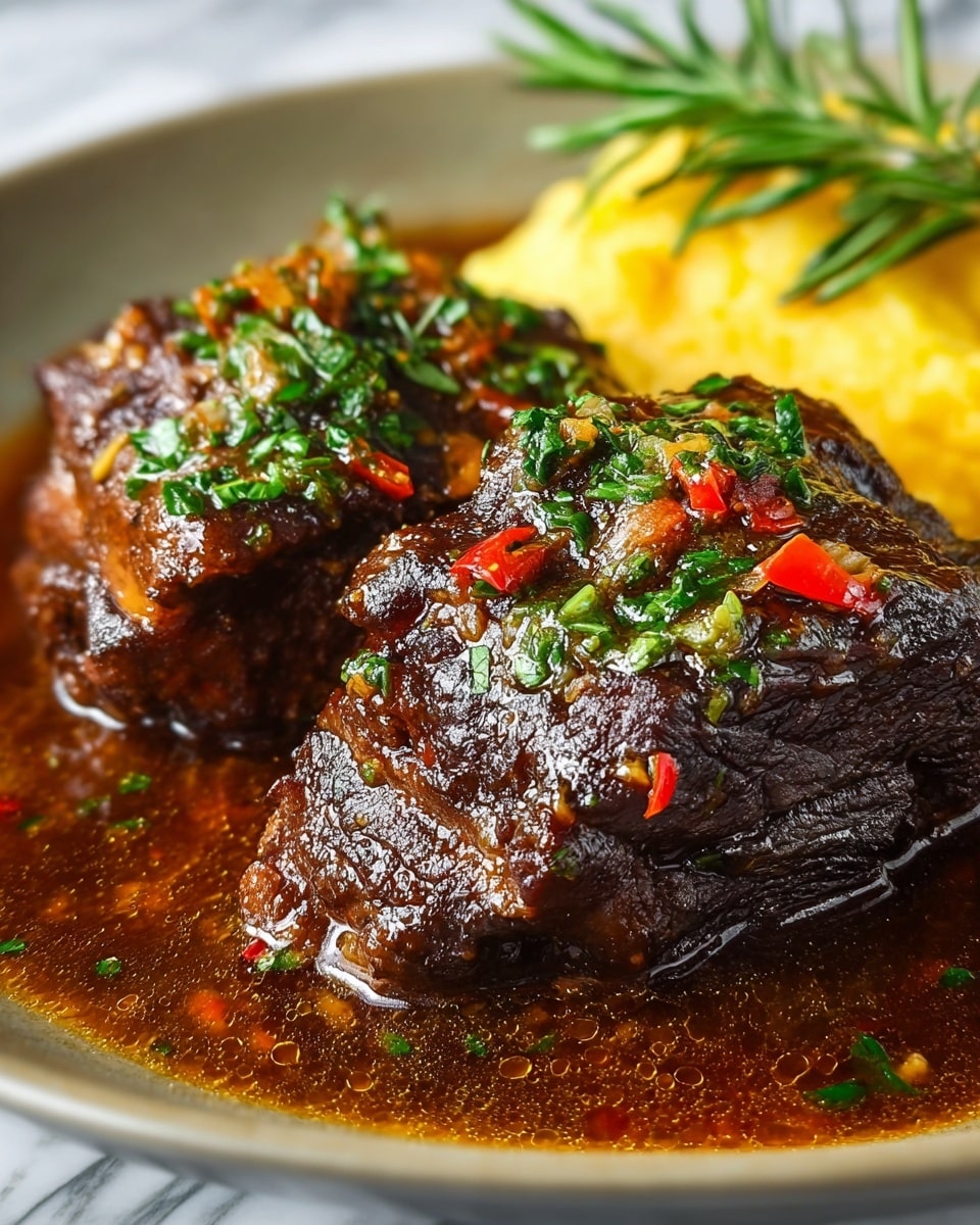 A close-up view shows two thick pieces of dark brown braised meat with a shiny, glossy surface, slightly charred edges, and tender texture. On top, finely chopped bright green herbs and small pieces of red chili peppers add color and freshness. Behind the meat, there is a portion of light yellow mashed potatoes, topped with green sprigs of rosemary. The dish sits on a white plate, with a white marbled textured surface underneath, while rich brown sauce pools around the meat, reflecting light. Photo taken with an iphone --ar 4:5 --v 7