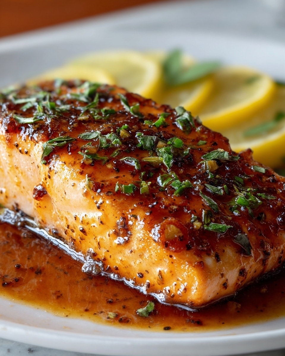 A close-up of a cooked salmon fillet on a white plate, showing one thick layer of fish with a golden brown glaze topped with chopped green herbs. The salmon has a slightly crispy texture with black pepper bits visible on the surface. Around the bottom edge, a shiny brown sauce pools on the plate. Behind the salmon, there are slices of pale yellow lemon with a green herb garnish, all set against a white marbled surface. photo taken with an iphone --ar 4:5 --v 7