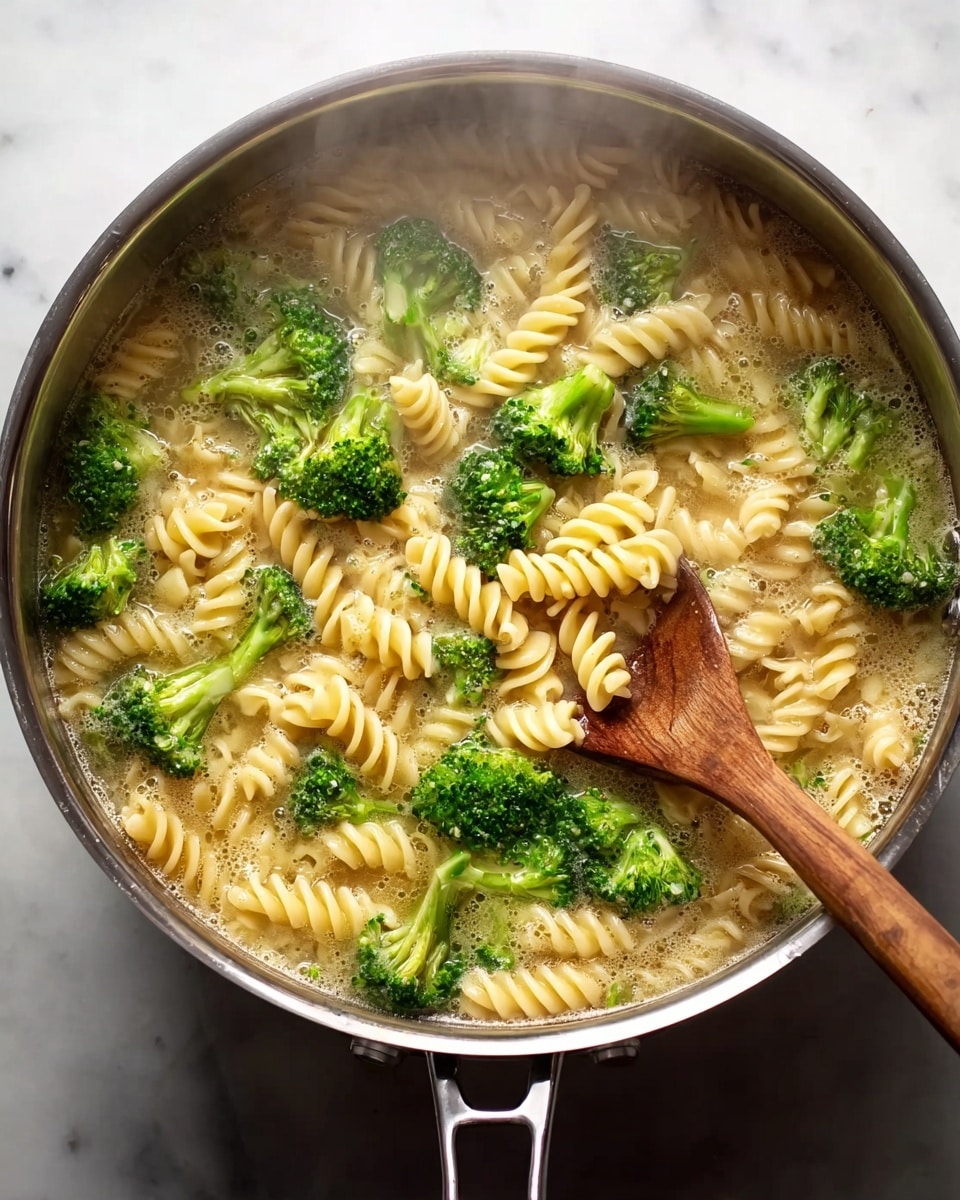 A close-up view of a pan filled with a creamy pasta dish made of spiral-shaped rotini pasta, green broccoli florets, and pieces of grilled chicken. The rotini pasta forms the base layer, pale yellow in color with a smooth texture. On top of it are bright green broccoli pieces, slightly steamed with a soft, textured look. Scattered throughout are chunks of light brown grilled chicken with a slightly charred surface. The dish is covered in a white creamy sauce that coats the ingredients lightly, with small green herb bits sprinkled all over for added color and detail. The pan rests on a white marbled surface. Photo taken with an iphone --ar 4:5 --v 7