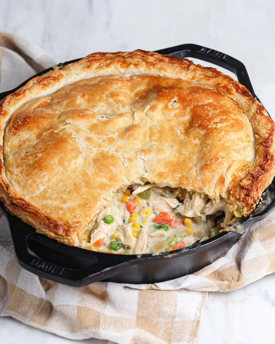 A round chicken pot pie in a black cast iron skillet with a golden brown, flaky top crust that is slightly crimped at the edges, showing a small section cut out. Inside the cut section, there is a creamy white filling with visible chunks of white chicken meat, orange carrots, green peas, and yellow corn, creating a colorful mix. The skillet is placed on a light brown and white checkered cloth, all set on a white marbled surface. photo taken with an iphone --ar 4:5 --v 7