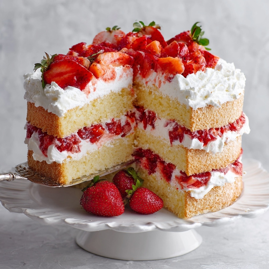 The image shows a three-layered cake with light yellow sponge layers separated by thick white cream layers mixed with small pieces of red strawberries. On top, there is a thick white cream layer covered with many diced strawberries and several halved strawberries with green leaves placed decoratively. The cake sits on a white cake stand, and a few halved strawberries with green leaves are placed around the base. The background is a white marbled texture. photo taken with an iphone --ar 4:5 --v 7