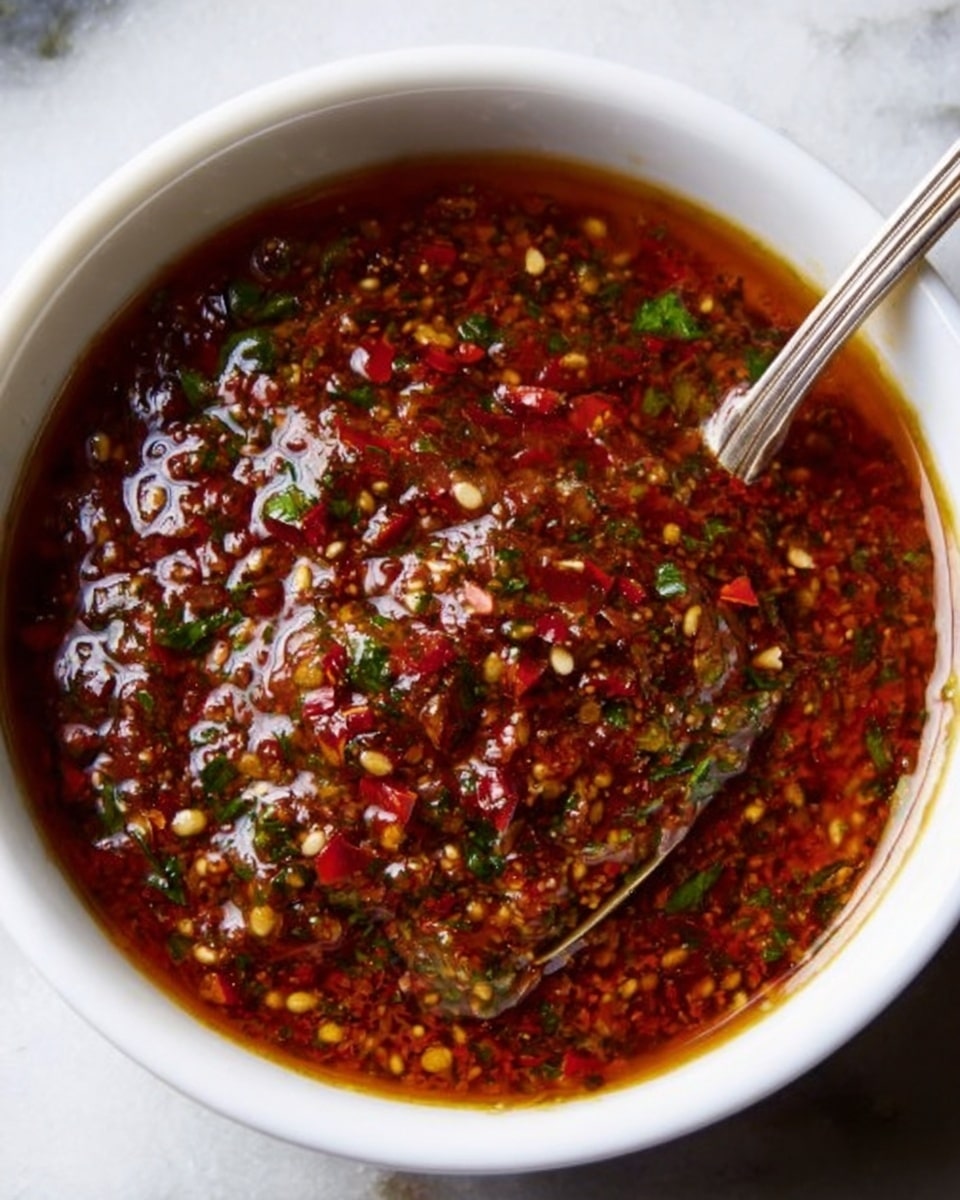 A white bowl filled with a thick, chunky red sauce mixed with small green herb pieces and tiny yellow seeds, giving it a textured look. The sauce has a shiny oily layer on top, reflecting light, and a dark metal spoon partially dipped in it on the right side. Behind the bowl, there are some green parsley leaves blurred in the background, all set on a white marbled surface with a white cloth partly under the bowl. photo taken with an iphone --ar 4:5 --v 7
