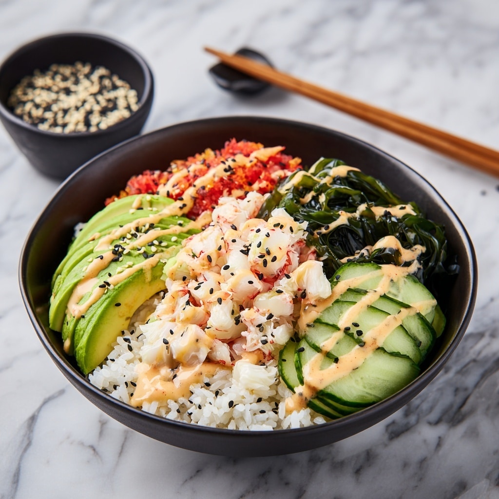A white bowl holds a colorful poke bowl with five main layers arranged side by side: on the top right, a fluffy layer of white rice; next to it, dark green torn seaweed pieces; below the seaweed, thin slices of bright green avocado fanned out; next to the avocado, thinly sliced cucumber with vibrant green skin; and on the top left, white and red crab meat chunks. The whole bowl is drizzled with a light brown sauce and sprinkled with black sesame seeds. In the background, there is a small white bowl containing black and white sesame seeds and a pair of wooden chopsticks resting on the white marbled texture surface. photo taken with an iphone --ar 4:5 --v 7