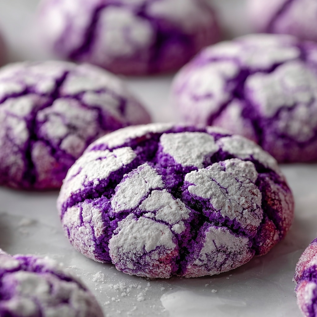 Round cookies with a purple base covered in a thick layer of white powdered sugar, showing deep cracks that expose the bright purple underneath; they are arranged in two groups, one with a set of nine cookies on white paper over a baking tray, the other with a few cookies stacked, all placed on a white marbled surface. photo taken with an iphone --ar 4:5 --v 7