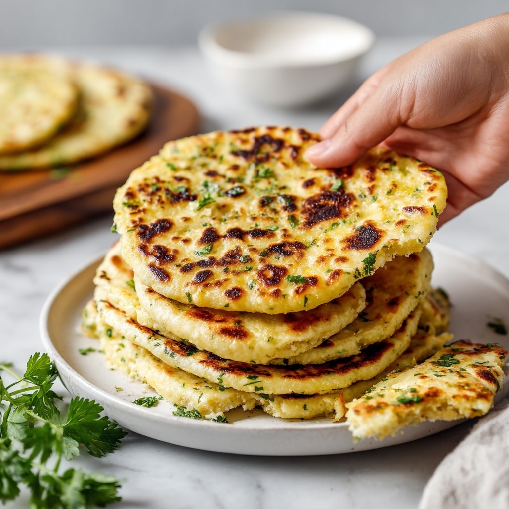 A stack of seven flatbreads with a golden-yellow color, some showing brown char marks on the top surfaces, sprinkled with green herbs. The flatbreads are thick and soft looking, with slightly uneven edges. One flatbread is leaning against the stack on the left side. Behind the stack, there is a white bowl with green herb remnants and a wooden brush resting on it. The stack sits on a brown wooden surface with a grayish striped cloth partially underneath. The background is a white marbled texture. photo taken with an iphone --ar 4:5 --v 7