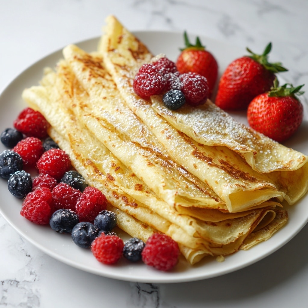 A white plate holds a neat stack of about ten thin crepes, folded into quarters showing their golden yellow color with light browned spots. They are sprinkled lightly with powdered sugar that adds a soft white dust on top. Around the crepes, a border of fresh berries frames the dish, including bright red strawberries with green tops, small dark blue blueberries, and deep red raspberries. The plate is placed on a white marbled surface, creating a clean and fresh background. photo taken with an iphone --ar 4:5 --v 7