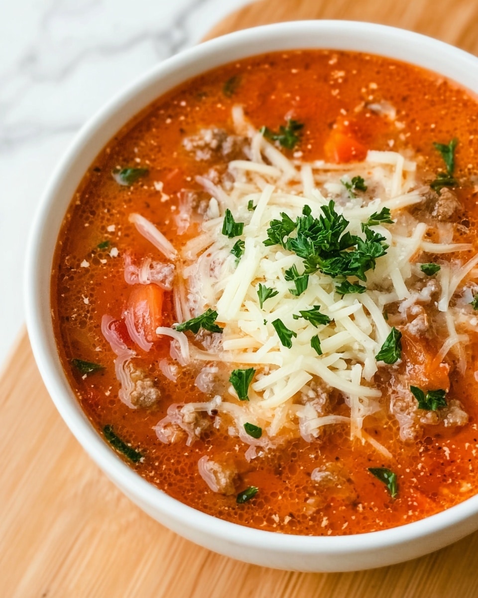 A close-up image of a white bowl filled with a reddish-orange tomato soup that has a slightly oily surface. Inside the soup, small pieces of ground meat and diced vegetables like tomatoes and carrots can be seen. On top, there is a layer of white shredded cheese melting slightly into the soup. Fresh chopped green herbs are sprinkled over the cheese and soup, adding a touch of green color. The bowl is placed on a light wooden surface with a white marbled texture background. photo taken with an iphone --ar 4:5 --v 7