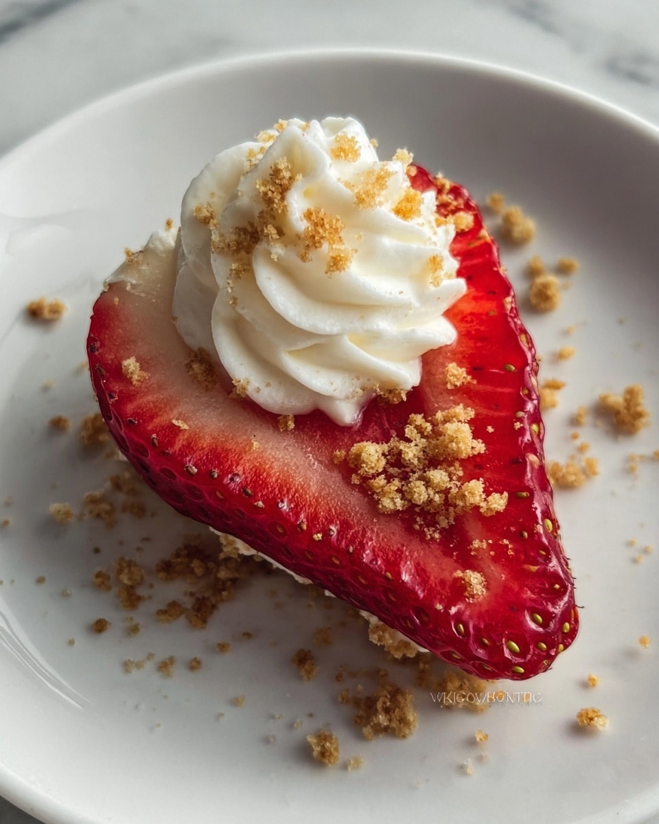 A white rectangular plate holds about sixteen strawberry halves arranged in loose rows. Each strawberry half is vibrant red with a smooth, shiny surface and small yellow seeds, sitting flat side down. On top of each strawberry is a small, decorative dollop of white whipped cream with a swirl pattern, topped with a light sprinkle of fine, tan crumbs. In the background, a small white bowl is partially filled with whole strawberries with green leafy tops visible. The plate sits on a wooden surface with a soft focus, while the background shows a white marbled texture with some cloth accents. photo taken with an iphone --ar 4:5 --v 7