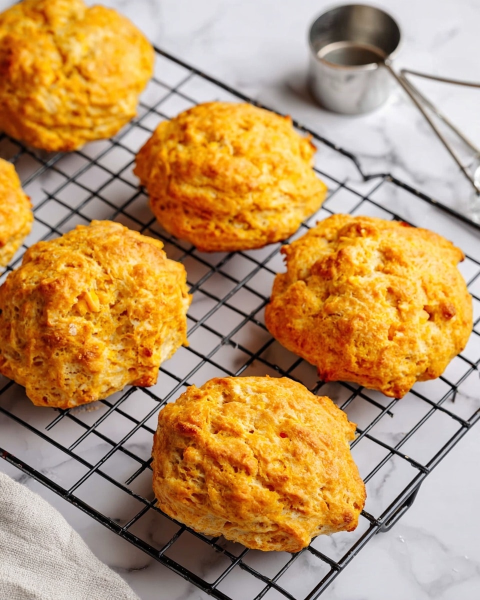 Six round orange biscuits with a rough, slightly cracked surface and a soft texture rest on a black cooling rack. The biscuits show small visible pieces inside, giving a chunky look. The cooling rack sits on a white marbled surface with a silver wire whisk and a metal measuring cup nearby. The lighting is bright and clear, highlighting the warm color and fluffy texture of the biscuits. photo taken with an iphone --ar 4:5 --v 7