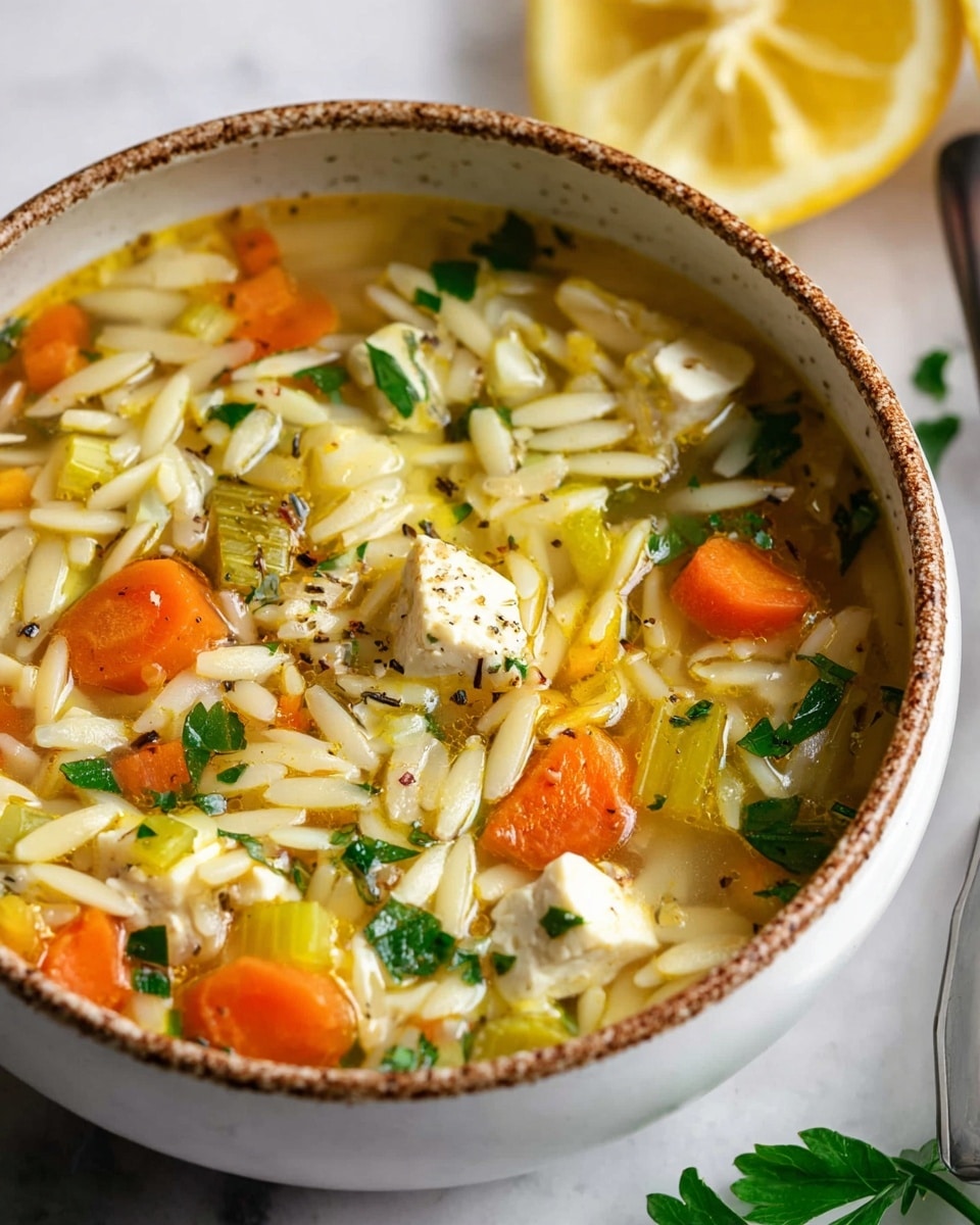 A white bowl filled with three lemon slices on the right side, resting on a soup made of small white orzo pasta, light orange carrot chunks, light green celery pieces, and white tofu cubes, all in a clear yellow broth with some green parsley leaves scattered around. The bowl is set on a white marbled surface with some lemon halves and green parsley sprigs nearby, along with a white plate holding metal spoons on the upper right. A beige cloth is partially visible in the bottom right corner, photo taken with an iphone --ar 4:5 --v 7
