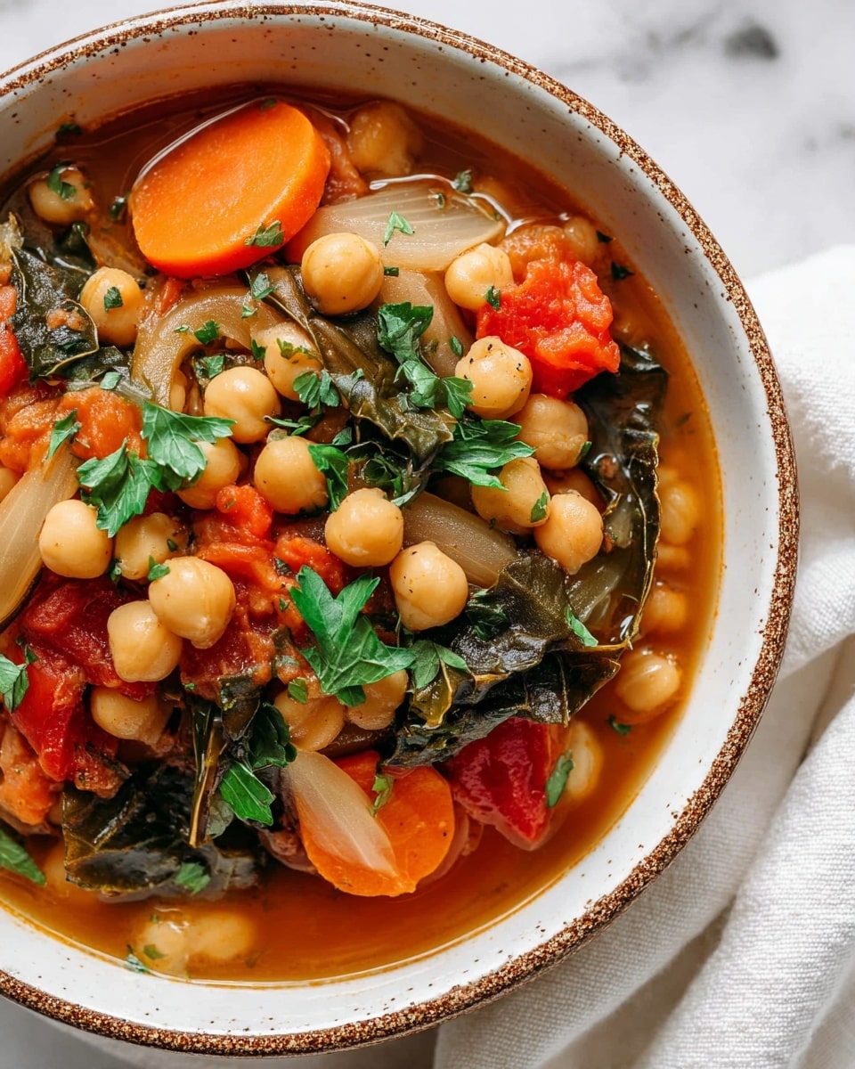 A bowl filled with a vegetable and chickpea soup showing three main layers: a clear orange-brown broth at the bottom, a mix of large chickpeas scattered throughout, and chunky pieces of carrot slices, wilted dark green spinach, diced light green celery, translucent onion cubes, and bright red tomato chunks on top, all garnished with fresh green parsley leaves. The soup is served in a round bowl with a simple brown edge, placed on a white cloth over a white marbled surface. A silver spoon rests inside the bowl on the right side. Photo taken with an iphone --ar 4:5 --v 7