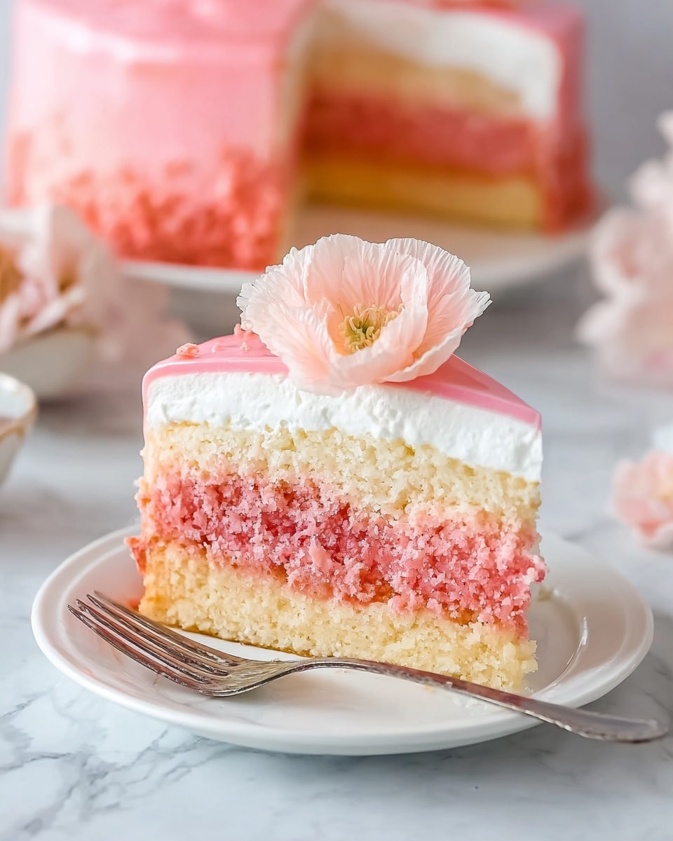 The image shows a slice of layered pink cake on a white plate with a silver fork beside it. The cake has three visible layers: the bottom is a light brown crust, the middle is a soft, moist pink sponge cake, and the top is a thick layer of white creamy frosting. On top of the frosting, there is a glossy pink glaze with a small white dollop of cream and a translucent pink candy piece as decoration. In the background, the rest of the cake is visible on a white plate, with some lime halves and green leaves on a white marbled surface. photo taken with an iphone --ar 4:5 --v 7