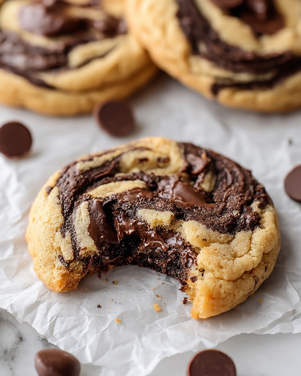 The image shows swirled cookies with two main layers: a light golden brown dough layer mixed with a dark chocolate layer. The swirls create a marbled effect where the dark chocolate and golden dough twist together, with some chocolate chunks visible baked into the top surface. A few small peanut butter spots are also seen on the cookies. These cookies sit on white parchment paper in a white tray with more cookies scattered in the background on a white marbled surface with some chocolate pieces scattered around. The overall texture is soft and chewy with crackled edges. photo taken with an iphone --ar 4:5 --v 7