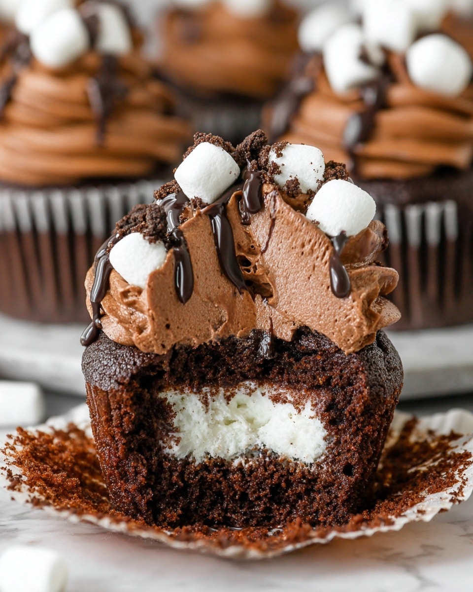 The image shows a close-up of a chocolate cupcake with the wrapper peeled down, revealing three main layers. The bottom layer is a rich, dark chocolate cake with a moist texture. The middle layer is a white cream filling inside the cake. The top layer is thick, swirled milk chocolate frosting with a smooth and creamy texture. On top of the frosting, small white marshmallows and bits of crushed chocolate cookies are scattered. A drizzle of dark chocolate syrup covers the frosting and marshmallows, adding shine and extra detail. The background is a white marbled texture with other similar cupcakes slightly blurred. Photo taken with an iphone --ar 4:5 --v 7