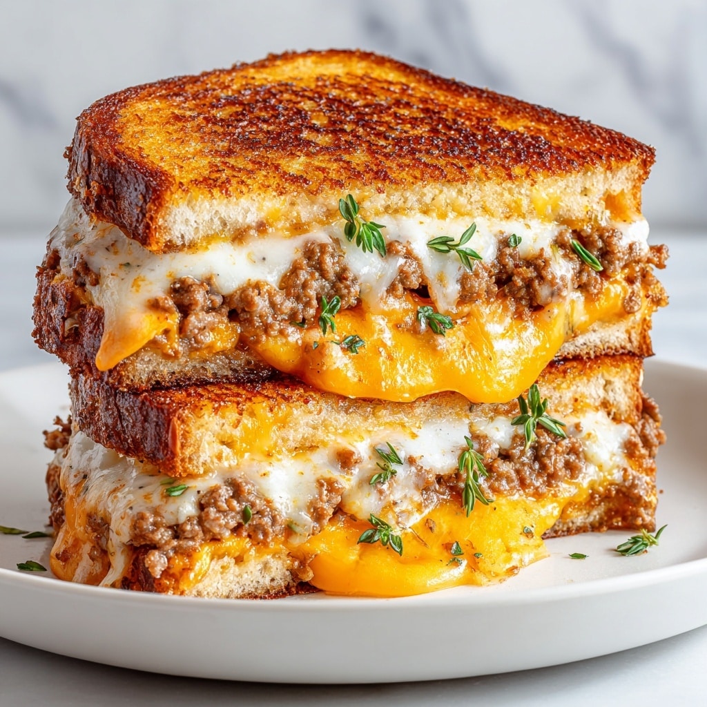 The image shows a stacked sandwich cut in half, revealing three layers inside. Each layer has a crispy golden-brown toasted bread slice on top and bottom. Between the bread, there is a layer of melted white cheese, a thick melted orange cheese oozing out, and cooked ground beef that looks juicy and crumbly. Fresh green herb leaves are sprinkled over the top and inside the sandwich, adding a touch of color. The sandwich rests on a white plate on a white marbled surface. Photo taken with an iphone --ar 4:5 --v 7