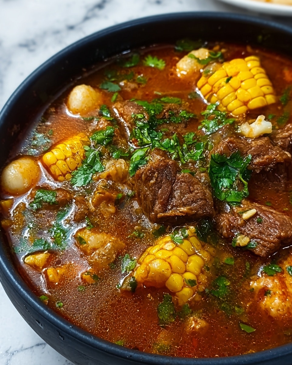 The image shows a close-up of a rich, brown beef stew in a black bowl. The stew has chunks of tender brown beef, bright yellow corn on the cob pieces, and white hominy kernels floating in a thick, reddish-brown broth. Green cilantro leaves are sprinkled on top, adding a fresh touch. There are also pieces of garlic and bits of onion visible, mixed into the stew. The background features a white marbled texture. photo taken with an iphone --ar 4:5 --v 7