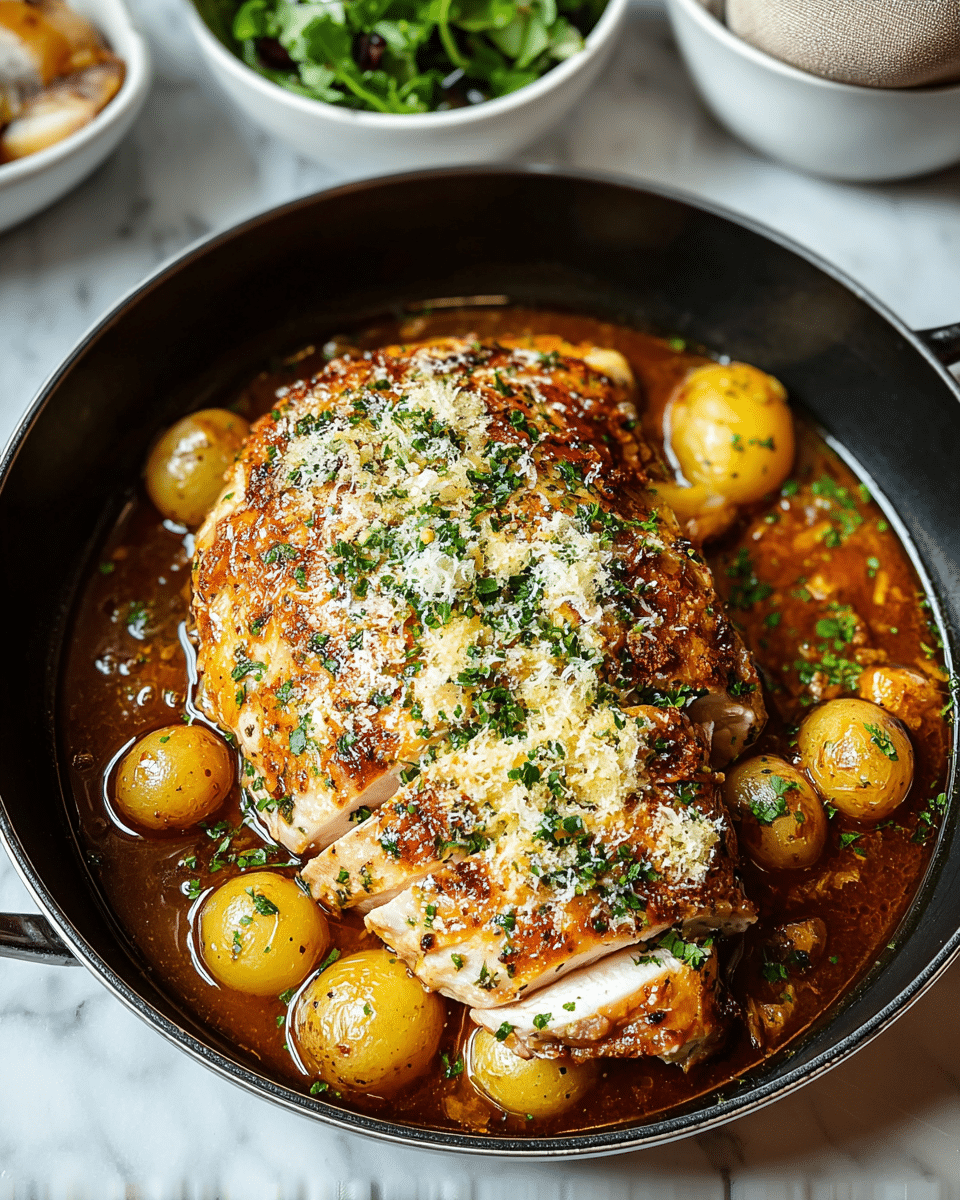 The image shows a black cast iron pan filled with three large, grilled chicken breasts sliced halfway through, revealing their juicy, white interior. The chicken breasts have a golden-brown, slightly charred crust topped with melted cheese and small green herb sprigs scattered on top. Surrounding the chicken are glossy, yellow grape tomatoes cooked in a rich, brown sauce that fills the pan’s base. The pan sits on a white marbled surface, and in the background, there is a white bowl with rice and some green herbs. photo taken with an iphone --ar 4:5 --v 7