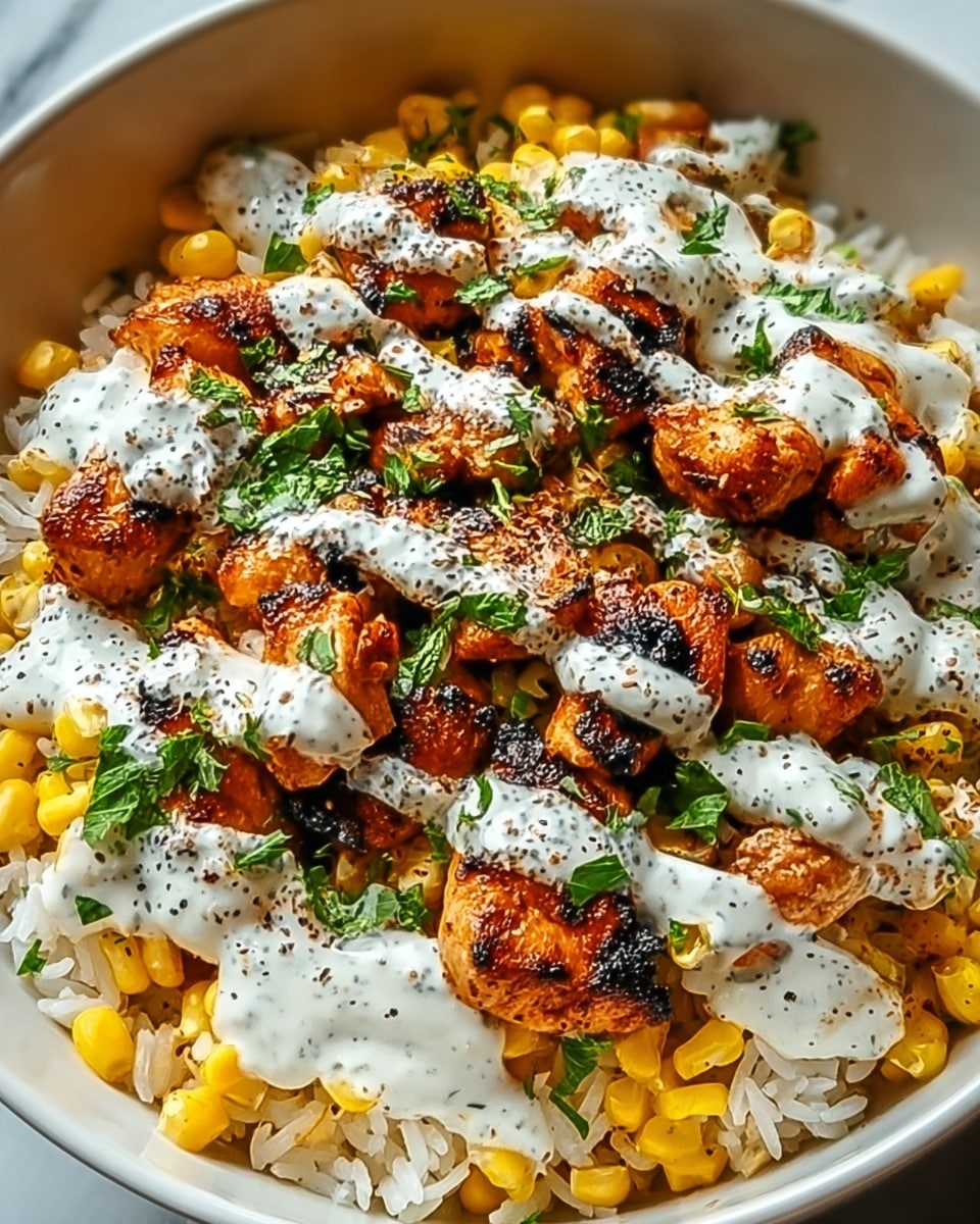 A white bowl filled with a base layer of fluffy white rice scattered with bright yellow corn kernels. On top, there is a thick layer of grilled chicken pieces that have a golden brown color with nice charred edges. The chicken is drizzled with a creamy white sauce speckled with herbs, and fresh green cilantro leaves are sprinkled over everything for a pop of color. The bowl sits on a white marbled surface. photo taken with an iphone --ar 4:5 --v 7