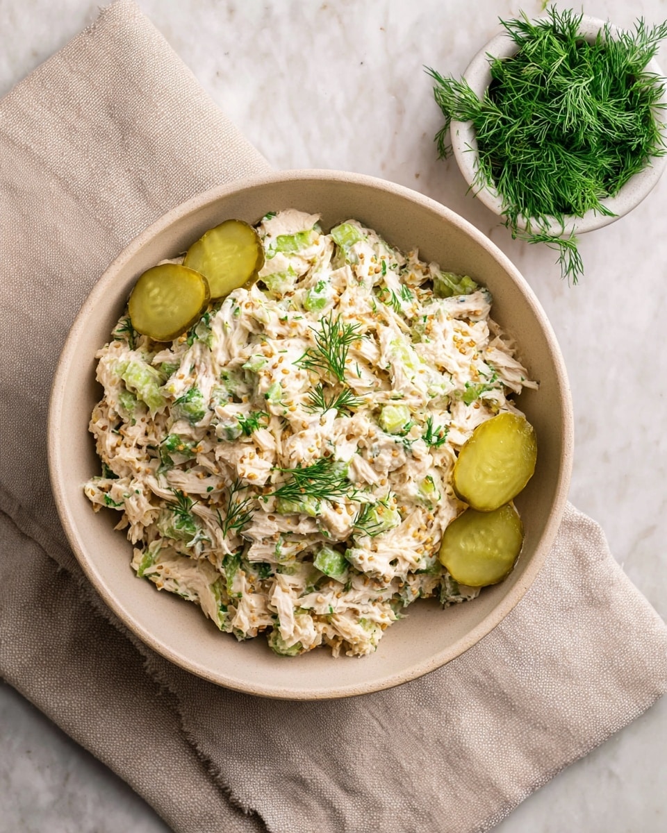 A beige bowl on a white marbled surface holds a creamy chicken salad mixed with chopped celery and herbs, giving it a textured and chunky look. The salad is creamy white with green flecks from fresh dill scattered on top and two thin slices of pickles placed in the center. A silver fork is partially inserted into the salad on the left side of the bowl. Some sprigs of fresh dill lie around the bowl on the white marbled background. Photo taken with an iphone --ar 4:5 --v 7