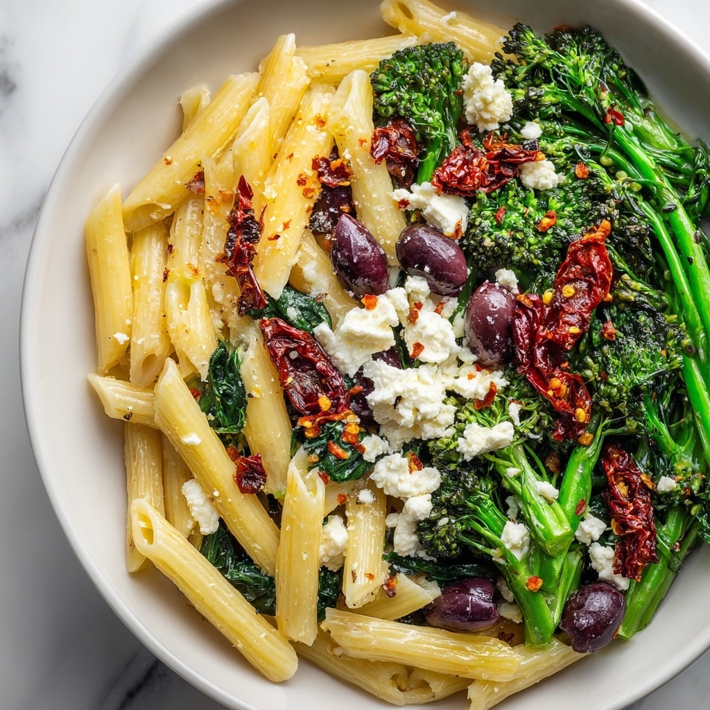The image shows a close-up of a pasta dish with three main layers: the bottom layer is light yellow penne pasta with a smooth texture; the middle layer is a mix of dark green broccolini and spinach; the top layer contains scattered pieces of white crumbled cheese, bright red sun-dried tomatoes, dark purple olives, and small bits of red onion with some red chili flakes sprinkled all over. The dish sits on a white marbled surface. photo taken with an iphone --ar 4:5 --v 7