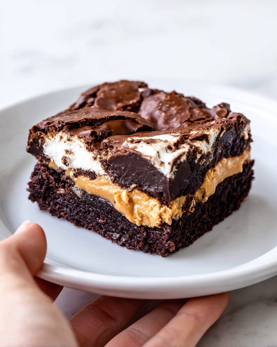 A square piece of layered dessert sits on a white plate held by a woman's hand at the edge. The dessert has three visible layers: a thick, dark brown, moist brownie base at the bottom, a middle layer of a rich, golden peanut butter filling, and a top layer of glossy, cracked dark chocolate with some patches of white marshmallow peeking through. The cracked top shows texture contrast, and the dessert appears soft and rich. The plate rests on a white marbled surface. photo taken with an iphone --ar 4:5 --v 7