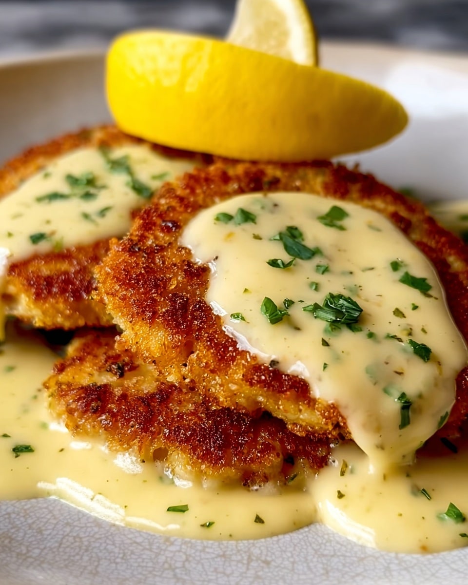 A close-up of two golden brown, crispy fried fish fillets placed side by side on a white plate, each topped with a thick, creamy white sauce sprinkled with finely chopped green herbs. Behind the fillets, a bright yellow lemon wedge rests on the plate. The sauce also pools slightly around the base of the fish, adding a shiny, smooth texture contrast to the crunchy coating. The background is a white marbled texture. photo taken with an iphone --ar 4:5 --v 7