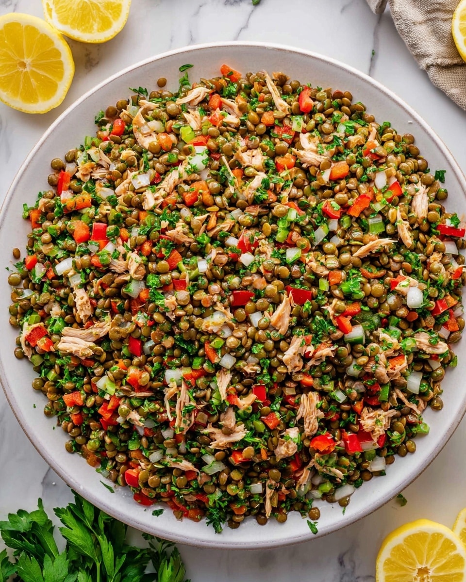 A large white plate filled with a colorful lentil salad made of small green lentils, shredded light brown chicken pieces, bright red diced bell peppers, and finely chopped fresh green herbs, all mixed evenly. The salad looks fresh and has a mix of soft and crunchy textures with a few white chopped onions visible throughout. The plate sits on a white marbled surface with lemon wedges and some greens scattered around. Photo taken with an iphone --ar 4:5 --v 7