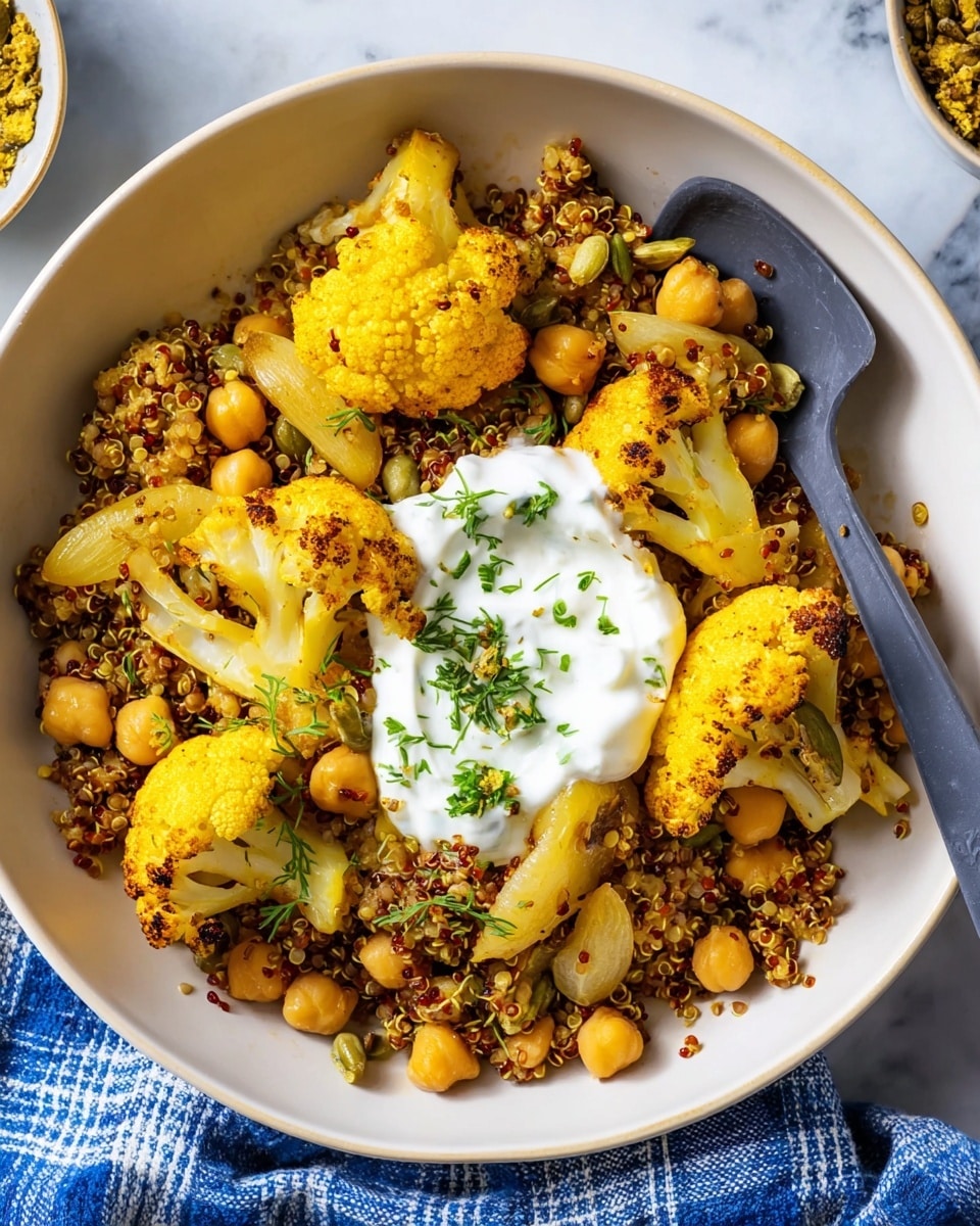 A white bowl filled with a warm dish showing three main layers, the bottom layer is made of cooked quinoa with small red and white grains mixed with chickpeas and thin slices of light yellow potatoes. On top of that, there are roasted cauliflower pieces that are bright yellow with some brown char marks and scattered green olives. The top layer consists of a smooth dollop of white yogurt garnished with small green herb bits, placed slightly off-center. A dark grey spoon rests on the bowl’s edge, partially lying on the yogurt and quinoa mix. The bowl is set on a white marbled surface, with a blue and white checkered cloth partially visible nearby. Photo taken with an iphone --ar 4:5 --v 7