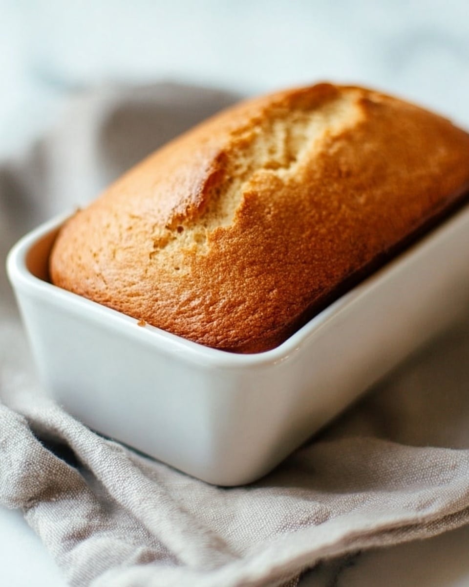A close-up view of a golden brown loaf cake with a slightly cracked, textured top layer, sitting in a white rectangular baking dish. The cake looks soft and moist, with a warm and inviting color. The dish is placed on a light gray cloth that has a slightly rough fabric texture, all set against a white marbled textured surface that brightens the scene. photo taken with an iphone --ar 4:5 --v 7