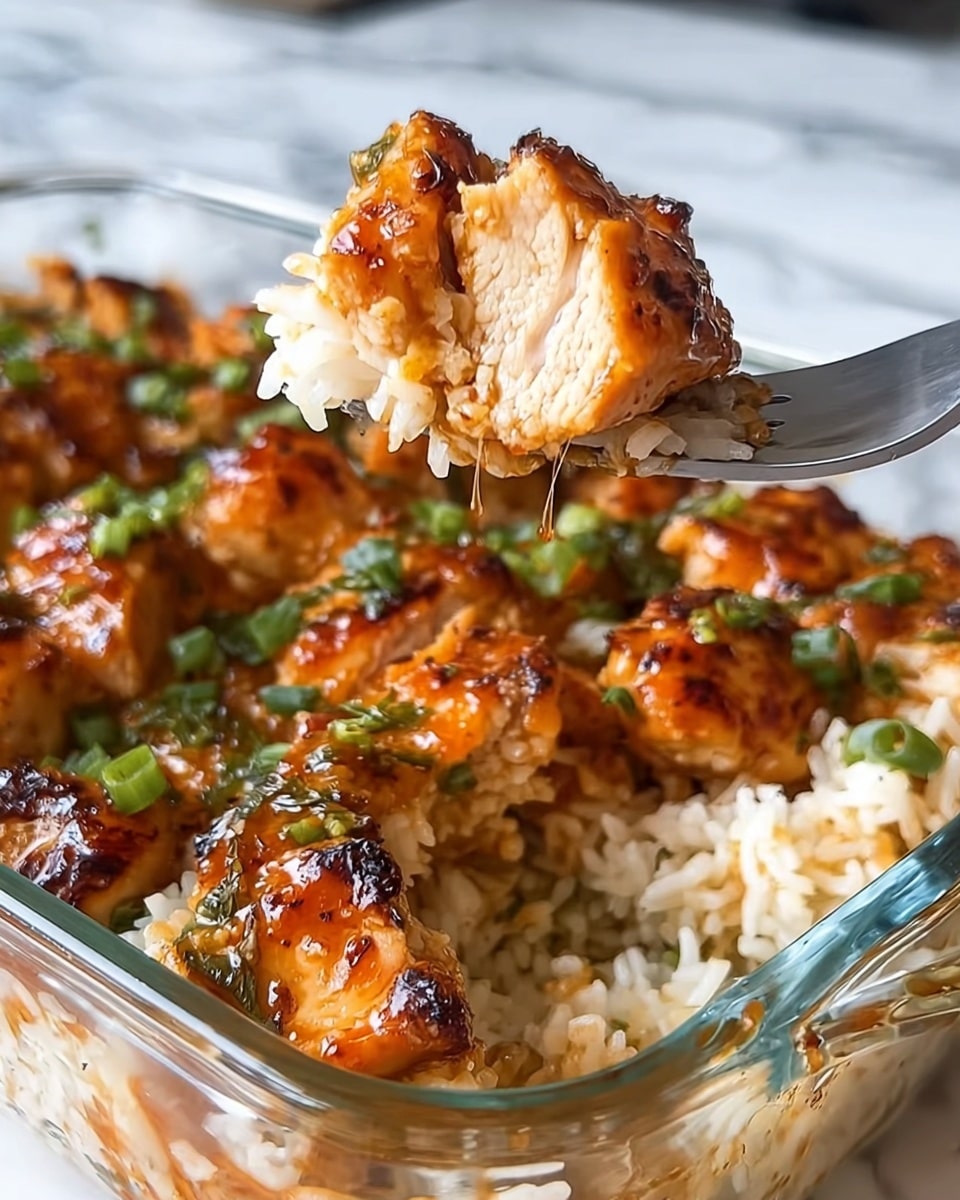 The image shows a close-up of a glass baking dish filled with cooked rice mixed with pieces of grilled chicken that have a slightly charred, golden-brown crust. The chicken pieces are coated with a glossy, orange-tinted sauce, and the dish is sprinkled with chopped green onions for color. A spoon is lifting a serving, showing the tender inside of the grilled chicken and the sticky, flavorful rice clinging together. The background has a white marbled texture. photo taken with an iphone --ar 4:5 --v 7