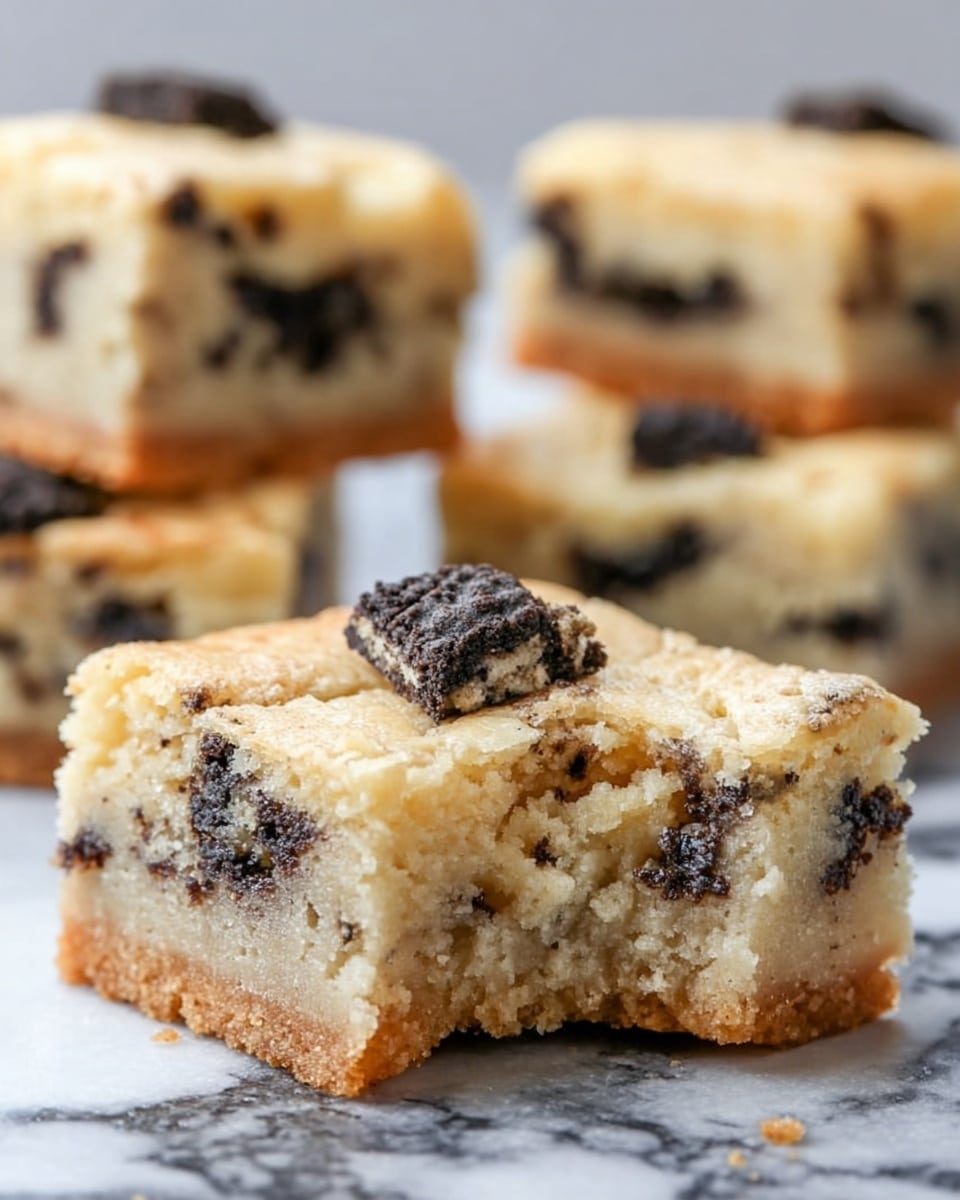 The image shows a stack of three thick rectangular bars with a light golden base mixed evenly with crushed dark cookie pieces throughout each bar. The top layer features a creamy blend with more broken cookie chunks scattered on the surface, adding rough texture and contrast against the soft, slightly crumbly bar edges. The bars sit on a piece of parchment paper placed on a white marbled textured surface. Photo taken with an iphone --ar 4:5 --v 7