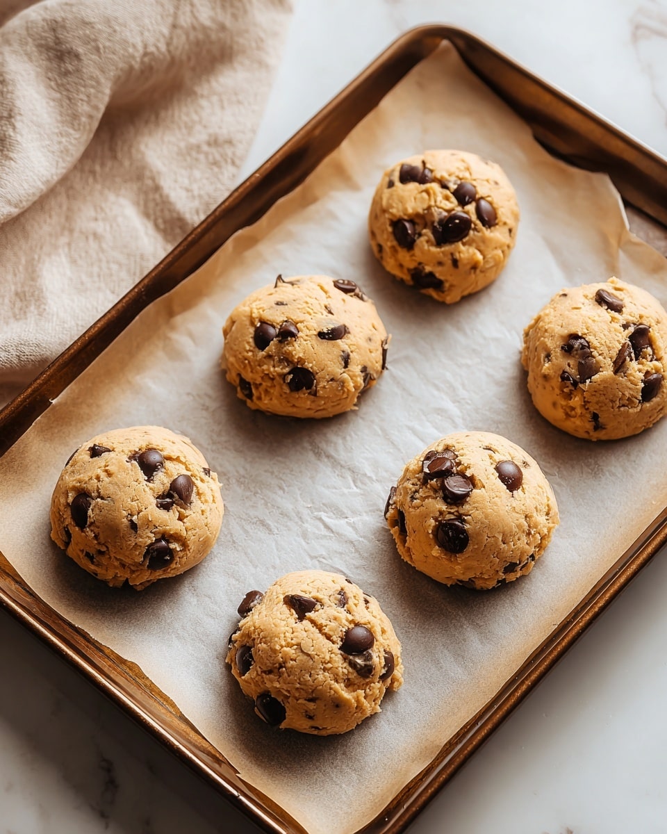 A stack of three golden-brown chocolate chip cookies is placed on a white plate, sitting on a white marbled surface. The top cookie has a bite taken out, showing a soft, chewy texture inside, while the surface of the cookies is dotted with dark chocolate chips and light brown chunks, creating a mix of smooth and rough textures. Around the plate and scattered on the surface are several loose chocolate chips, adding a playful detail. In the background, there are blurred chocolate chip cookies, enhancing the focus on the stack. photo taken with an iphone --ar 4:5 --v 7
