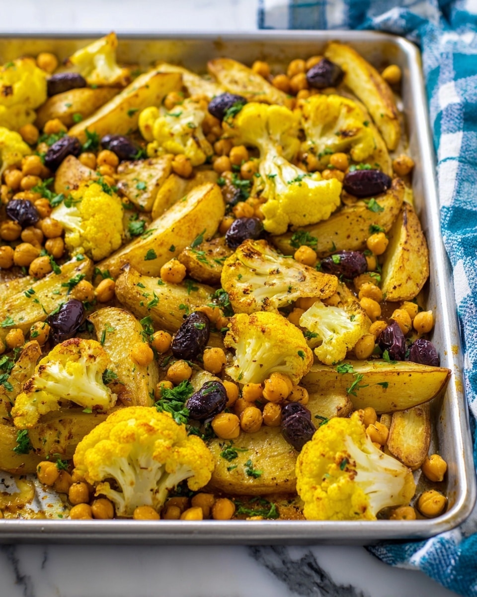 The dish shows a silver baking tray full of roasted vegetables and chickpeas spread evenly, with one layer only. The roasted vegetables include golden yellow cauliflower florets and potato wedges that have light brown char marks and a slightly crispy texture. Small round chickpeas in light tan color scatter throughout the tray. Black olives with a deep purple-brown color are mixed in, adding contrast. Finely chopped green herbs are sprinkled on top for a fresh look. The background is a white marbled texture with a blue and white checkered cloth partially visible at the top right corner. Photo taken with an iphone --ar 4:5 --v 7