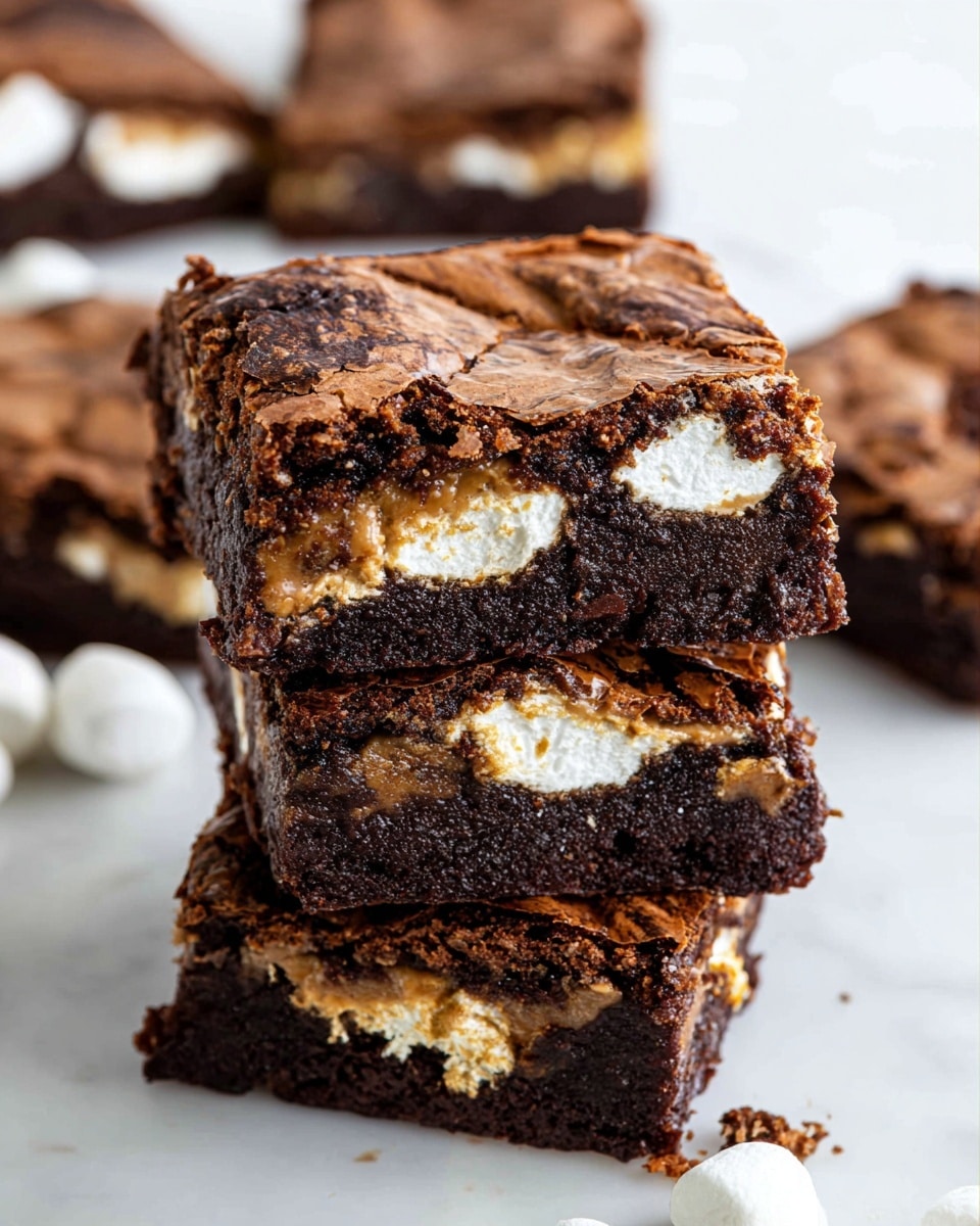 A stack of three thick, square brownies with a cracked, dark brown crust on top. Each brownie has three visible layers: the top is a rough, cracked dark brown brownie crust, the middle layer shows patches of white fluffy marshmallow and smooth light brown caramel, and the bottom layer is a dense, dark chocolate brownie base. The brownies are piled on a white marbled surface, with bits of marshmallow and brownie crumbs scattered around. In the background, parts of more brownies are visible but out of focus. photo taken with an iphone --ar 4:5 --v 7